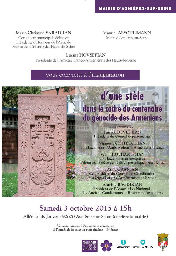 Inauguration Khatchkar Asnieres ce 3 octobre 2015