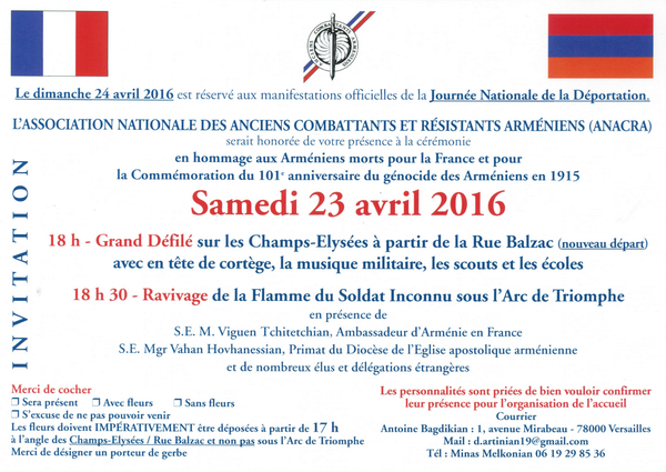 Commémoration du génocide des arméniens ce samedi 23 avril 2016 à Paris