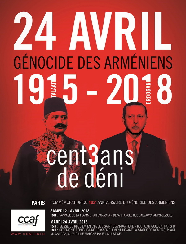 Commémoration du génocide des arméniens ce samedi 21 avril 2018 à Paris