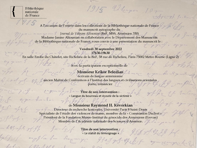 Présentation à la BNF du manuscrit du Journal de déportation de Vahram Altounian, survivant du génocide arménien