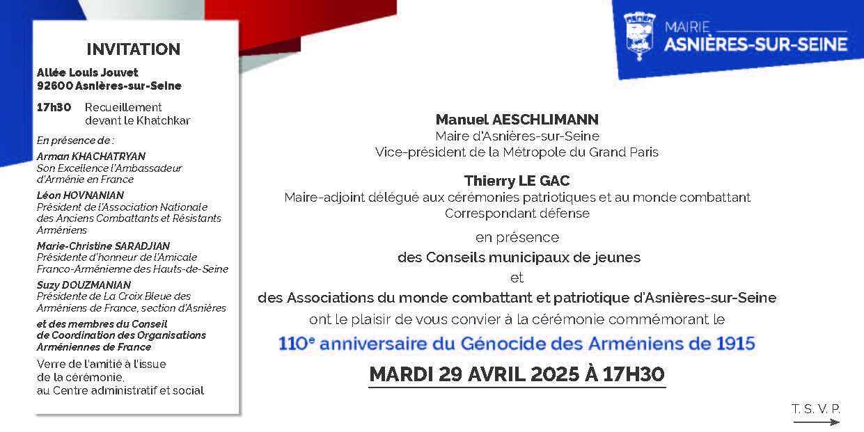 Mardi 29 Avril 2025, commémoration du génocide des arméniens à Asnières-sur-Seine à 17h30