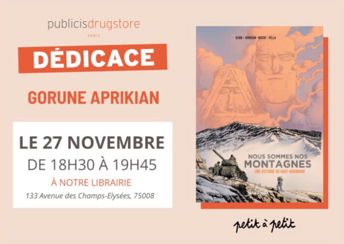 Gorune APRIKIAN dédicace le premier roman graphique sur l'Artsakh, "Nous sommes nos montagnes", à la librairie du Drugstore Publicis des Champs-Élysées le 27 novembre à 18h30