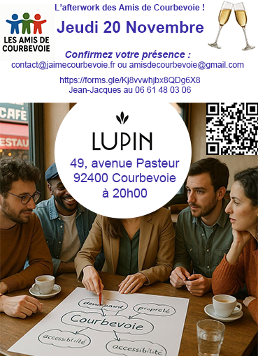 Afterwork convivial à Courbevoie : « Les Amis de Courbevoie » vous donnent rendez-vous au bistro Lupin, 49 avenue Pasteur, le 20 novembre à 20h00 !