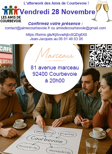 Rendez-vous ce vendredi 28 novembre 20h00 pour l'afterwork des "Amis de Courbevoie" au très chic Restaurant Lounge “Marceau” au 81 avenue Marceau à Courbevoie