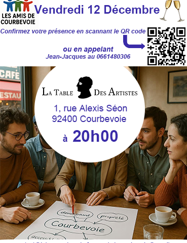 L'afterwork du groupe "Les Amis de Courbevoie" ce vendredi 12 décembre 2025 au restaurant "La table des Artistes" à partir de 20h00 à Courbevoie