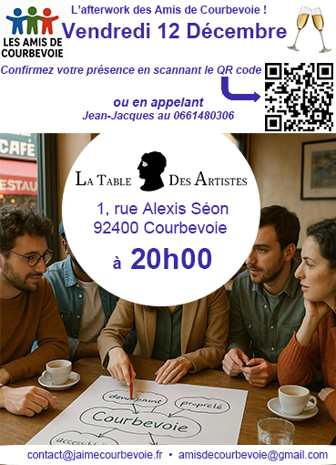 L'afterwork du groupe "Les Amis de Courbevoie" ce vendredi 12 décembre 2025 au restaurant "La table des Artistes" à partir de 20h00 à Courbevoie