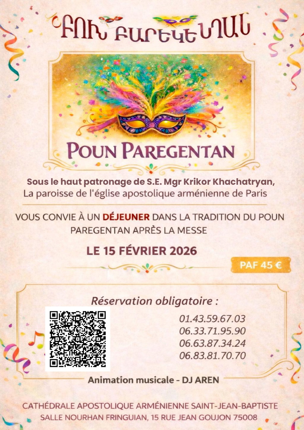 Déjeuner traditionnel de Pour Paréguentan à l'église apostolique arménienne de Paris ce 15 février 2026