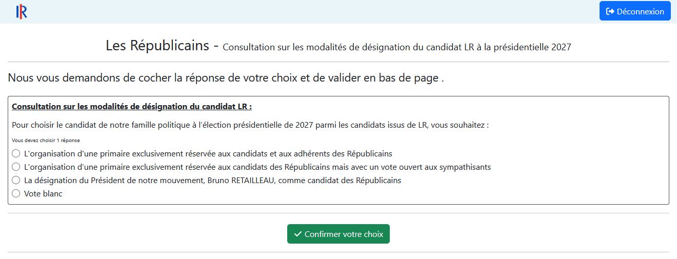 Le parti Les Républicains (LR) en pleine effervescence : les adhérents votent pour la méthode de désignation de leur candidat pour les élections présidentielles de 2027 ce week-end du 18 avril 2026