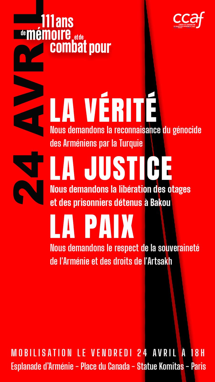 CCAF: Appel à la mobilisation pour le 111ème anniversaire du génocide des Arméniens ce vendredi 24 avril à 18h00, place du Canada, devant la statue Komitas