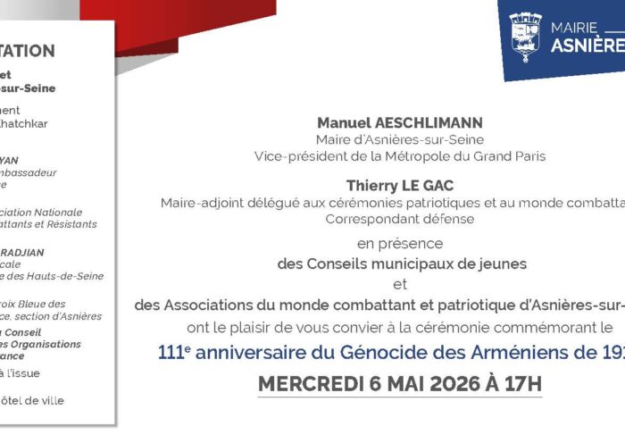 Commémoration du 111ème anniversaire du génocide des arméniens à Asnières-sur-Seine ce mercredi 6 mai 2027 à 17h00 Allée Louis Jouvet devant le Khatchkar
