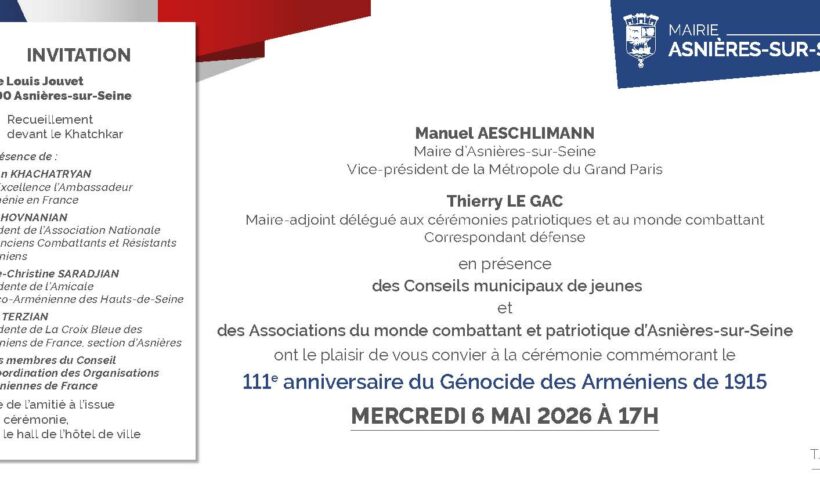 Commémoration du 111ème anniversaire du génocide des arméniens à Asnières-sur-Seine ce mercredi 6 mai 2027 à 17h00 Allée Louis Jouvet devant le Khatchkar
