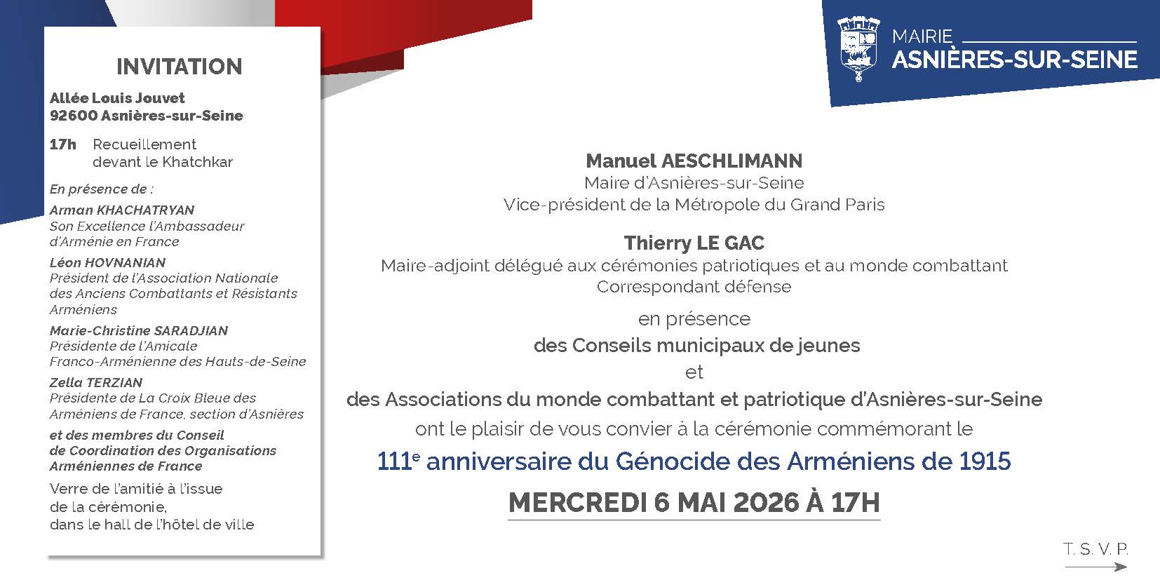 Commémoration du 111ème anniversaire du génocide des arméniens à Asnières-sur-Seine ce mercredi 6 mai 2027 à 17h00 Allée Louis Jouvet devant le Khatchkar