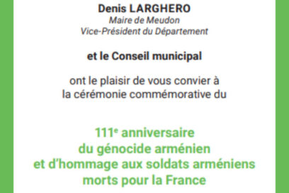 Cérémonie commémorative du 111ᵉ anniversaire du génocide des Arméniens dimanche 26 avril à 10h00 place Henry Wolf à Meudon-la-Forêt devant le mémorial