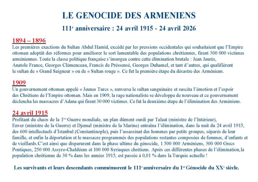 Samedi 25 avril 2026: L'Association Nationale des Anciens Combattants et Résistants Arméniens commémore le génocide des arméniens sous l'arc de triomphe par le ravivage de la flamme du soldat inconnu